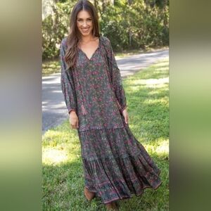 NATURAL LIFE Green Floral Ruffled Tiered Long Sleeve Dress XL